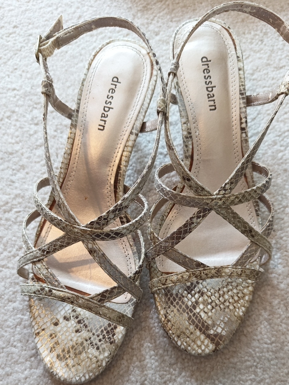 dressbarn Sz. 7.5 Snake-Print Strappy Heels in Gold & Neutral Taupe